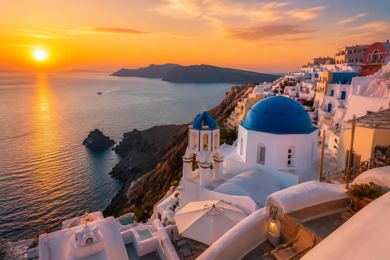 Vista aérea de Santorini ao pôr do sol